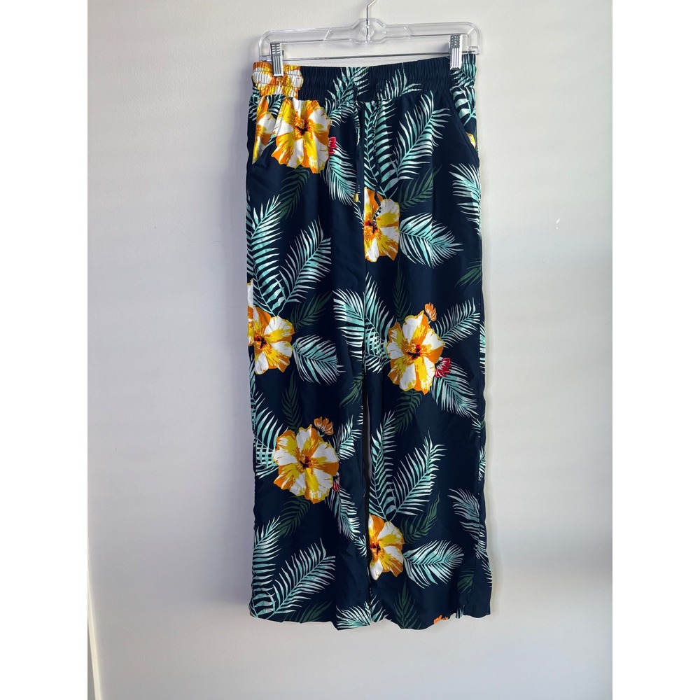 Indero Navy Blue Tropical Floral Wide Leg Pants Women Large